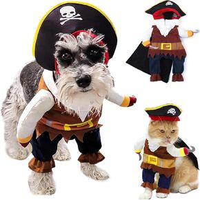 Dog Pirate Costume Pirates of The Caribbean Style Cat Costumes 2PCS Funny Halloween Dog Outfit with Hat Small Medium Pet Cosplay Clothes Cute Captain Apparel Party Dress (Pirate Captain Doll, Large)