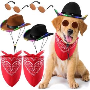 Abbylike 6 Pcs Dog Pet Cowboy Costume Accessories LED Cat Dog Halloween Costume Dog Cowboy Hat Sunglasses Pet Bandana Scarf for Puppy Kitten Small Pet Halloween Hippie Western Costume, Brown Black