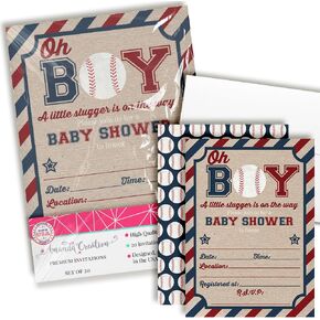 Our Little Slugger Baseball Themed Baby Sprinkle Baby Shower Invitations for Boys, 20 5"x7" Fill In Cards with Twenty White Envelopes by AmandaCreation