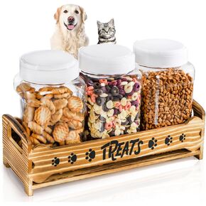 Dog Treats Container with 3 Plastic Jars, Dog Food Storage Canister with Wooden Stand, Airtight Pet Treat Holder for Dogs and Cats, Dog Snacks Treat Organizer for Kitchen Counter, Gift for Pet