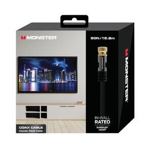 Monster 50 Foot Coaxial Cable, RG-6 Quad Shield Coaxial Cable for High-Speed Internet, TV, Duraflex Waterproof & Weatherproof Cable, UL CL2 Rating for in Wall, Outdoor, Indoor Use, Gold Plated F-Pin
