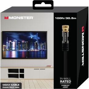 Monster 100 Foot RG-6 Quad Shield Coaxial Cable for High-Speed Internet, TV - Duraflex Waterproof & Weatherproof, UL CL2 Rating for In-Wall, Outdoor, Indoor Use, Gold Plated F-Pin in Kuwait