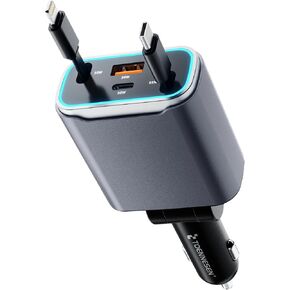 Retractable Car Charger 131w, 4 in 1 Fast Car Phone Charger, USB C Car Charger Adapter with Light and 2 Retractable Cables, Compatible with iPhone 15/14/13/12 Pro Max Xr, Pixel, Switch