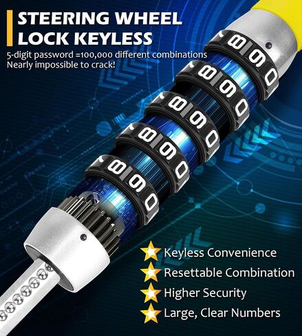 Tevlaphee Steering Wheel Lock Anti Theft Security Extendable Device Retractable Keyless Password 5 Coded Combination Antitheft Lock Heavy Duty Universal Fit for Vehicle Car Truck Van SUV Twin Hooks in Saudi Arabia