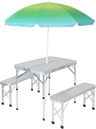 Camp Table Folding Camping Table Picnic Table Bench Set w/ 2 Benches, Table with Umbrella Hole for Adult for Kids (Olive Green with Umbrella) in Saudi Arabia
