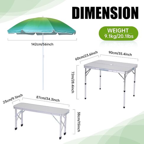 Camp Table Folding Camping Table Picnic Table Bench Set w/ 2 Benches, Table with Umbrella Hole for Adult for Kids (Olive Green with Umbrella) in Saudi Arabia