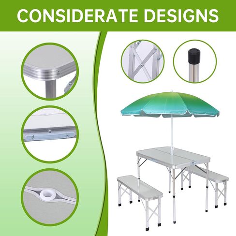 Camp Table Folding Camping Table Picnic Table Bench Set w/ 2 Benches, Table with Umbrella Hole for Adult for Kids (Olive Green with Umbrella) in Saudi Arabia