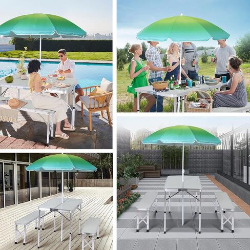 Camp Table Folding Camping Table Picnic Table Bench Set w/ 2 Benches, Table with Umbrella Hole for Adult for Kids (Olive Green with Umbrella) in Saudi Arabia