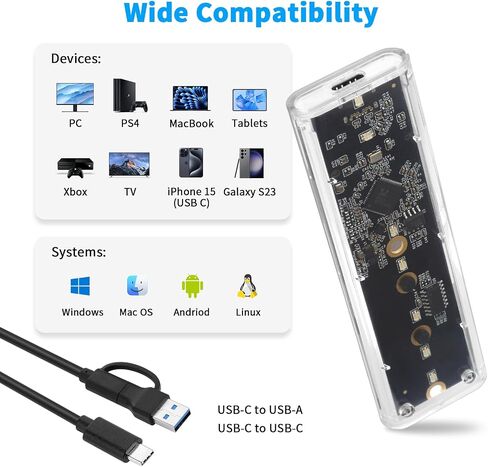 حاوية ELUTENG شفافة M.2 NVMe SSD مع أضواء LED ملونة، حاوية SSD 10 جيجابت في الثانية M2 SSD خالية من الأدوات NVMe إلى USB محول حاوية خارجية لـ M-Key SSD 2230 2242 2260 2280 أحجام تدعم UASP Trim in Saudi Arabia