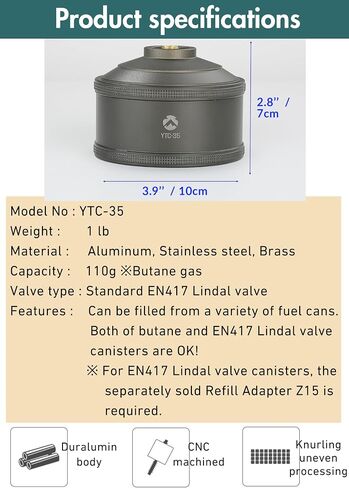 CAMPINGMOON Empty Refillable Gas Fuel Cylinder Standard for Backpacking Camping Stove EN417 Lindal Valve 110g Green YTC-35 in Saudi Arabia