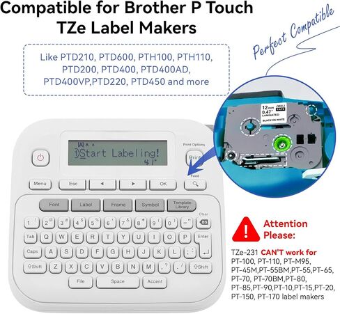 استبدل شريط الملصقات Brother P Touch TZ مقاس 12 مم 0.47 بوصة أبيض مصفح TZe-231 TZC-231 متوافق مع صانع الملصقات Brother PT-D400 PT-D210 PT-D220 PT-H110 PT-D600، عبوتان in Saudi Arabia