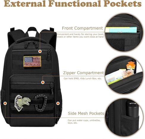 حقيبة ظهر للأطفال للأولاد 20 لتر حقيبة مدرسية تكتيكية لرياض الأطفال خفيفة الوزن حقيبة كتب للأطفال (مموهة باللون الأسود) in Kuwait