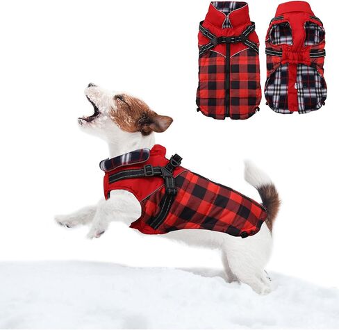 Dog Coat with Harness,Small Dog Winter Coat,Doggie Jackets with Built in Harness,Adjustable Warm Jacket for Medium Large Dogs,Pet Puppy Cold Weather Coats for Dogs Waterproof (PlaidRed, Small) in Saudi Arabia