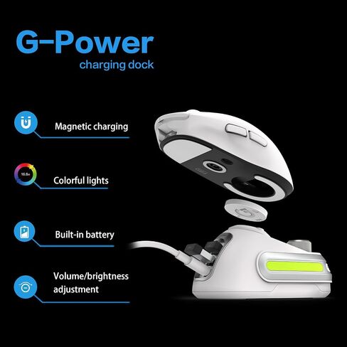 قاعدة شحن Fanxoo G-Power لجهاز Logitech G502 G502X Plus GPW G903 G703 ماوس لاسلكي مع ضوء RGB ومقبض التحكم في مستوى صوت الكمبيوتر (لا يشمل الماوس) (أبيض) in Saudi Arabia