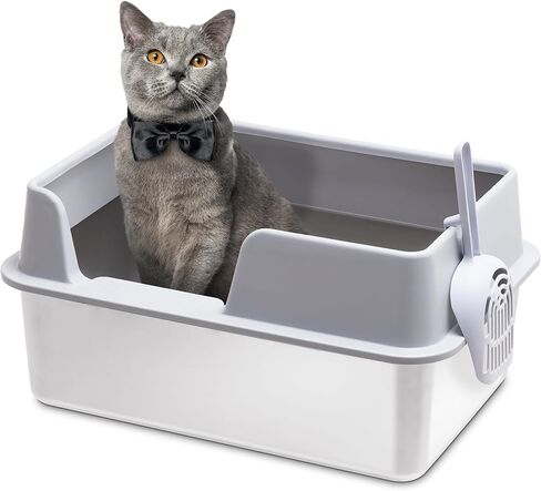 Citylife Stainless Steel Litter Box Cat Litter Box Enclosure with Lid 19.49" L x 13.6" W x 6.7" H, Metal Litter Box for Kitty Cats with High Sided, Non-Sticky, Odorless, Spill Proof, Light Grey in Kuwait