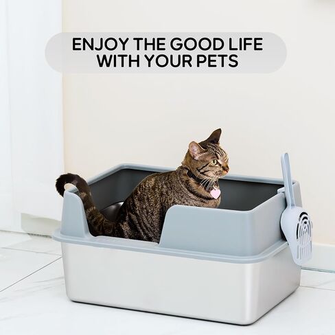 Citylife Stainless Steel Litter Box Cat Litter Box Enclosure with Lid 19.49" L x 13.6" W x 6.7" H, Metal Litter Box for Kitty Cats with High Sided, Non-Sticky, Odorless, Spill Proof, Light Grey in Kuwait