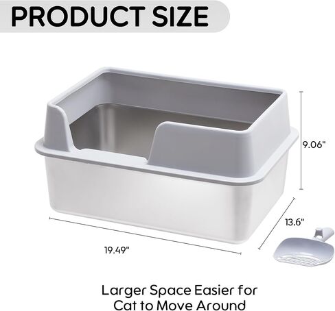Citylife Stainless Steel Litter Box Cat Litter Box Enclosure with Lid 19.49" L x 13.6" W x 6.7" H, Metal Litter Box for Kitty Cats with High Sided, Non-Sticky, Odorless, Spill Proof, Light Grey in Kuwait