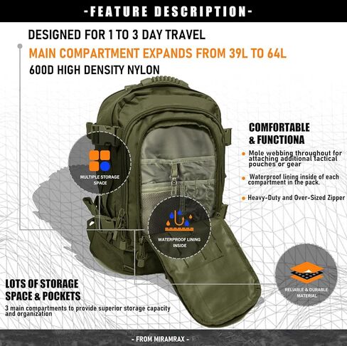 Tactical Backpack Military Backpacks for Men Army Expandable 3 Day Assault Pack Molle Backpacks Bug Out Bag for Camping Hiking Rucksack Fishing in Saudi Arabia