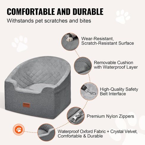 VEVOR Dog Car Seat, Waterproof Dog Booster Seat for Car with A Storage Pocket, Clip-On Safety Leash and Sponge Filling, Dog Car Bed for Small & Medium Dog up to 55lbs, Gray in Saudi Arabia