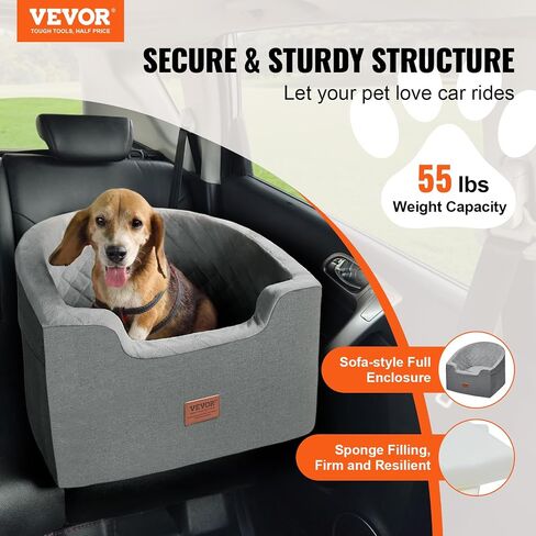 VEVOR Dog Car Seat, Waterproof Dog Booster Seat for Car with A Storage Pocket, Clip-On Safety Leash and Sponge Filling, Dog Car Bed for Small & Medium Dog up to 55lbs, Gray in Saudi Arabia