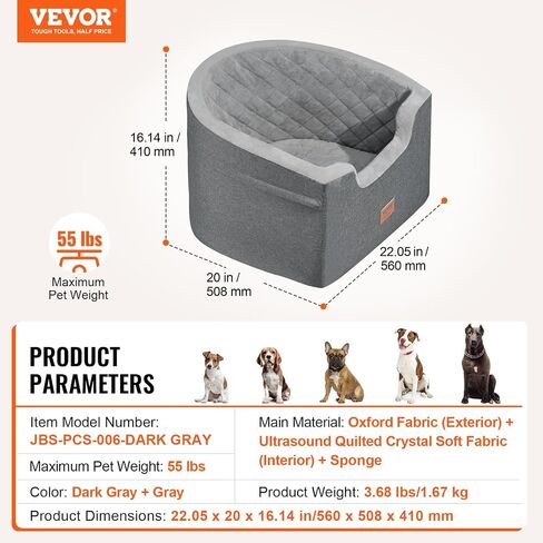 VEVOR Dog Car Seat, Waterproof Dog Booster Seat for Car with A Storage Pocket, Clip-On Safety Leash and Sponge Filling, Dog Car Bed for Small & Medium Dog up to 55lbs, Gray in Saudi Arabia