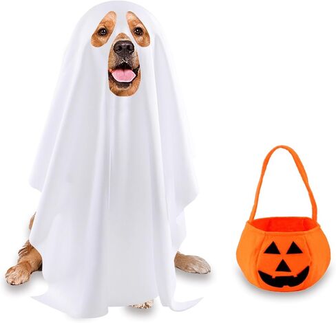 Dog Ghost Costume, Dog Halloween Costumes White Ghost Dog Costume Pumpkin Candy Bag Funny Dog Costumes for Small Medium Large Dogs Pets (Large) in Kuwait