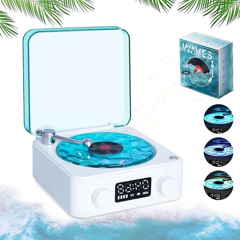مكبر صوت أكوا فينيل، مكبر صوت بلوتوث من الفينيل، مشغل The Waves Vinyl مع ضوء ووقت قابلين للتعديل لغرفة النوم والمكتب والحفلات، أبيض in Saudi Arabia