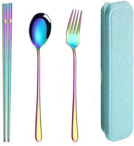 3 PCS Stainless Steel Travel Camping Flatware Set Portable Fork Spoon Chopsticks with Case （Color） in Kuwait