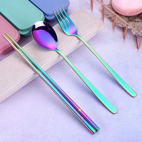 3 PCS Stainless Steel Travel Camping Flatware Set Portable Fork Spoon Chopsticks with Case （Color） in Kuwait