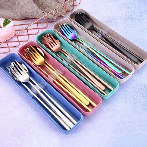 3 PCS Stainless Steel Travel Camping Flatware Set Portable Fork Spoon Chopsticks with Case （Color） in Kuwait
