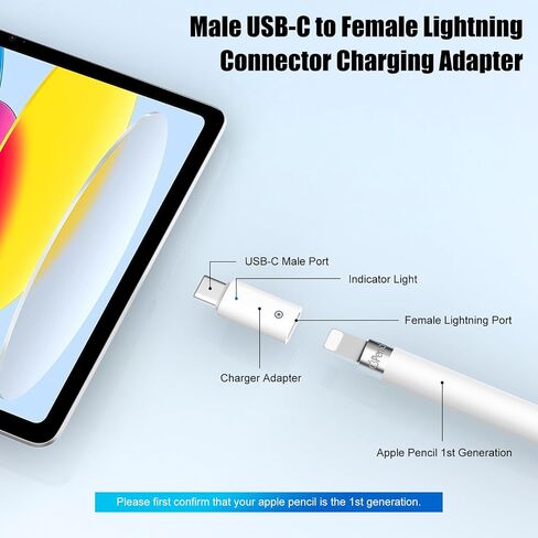 محول شحن MoKo 2 USB-C متوافق مع قلم Apple الجيل الأول، موصل شحن USBC ذكر إلى أنثى لجهاز iPad 10 وقلم Apple 1، لا يوجد اقتران بلوتوث للشحن فقط، أبيض in Saudi Arabia