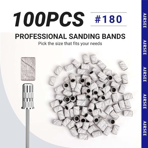 AIRSEE 100Pcs Sanding Bands 180 Grit Professional Nail Manicure Electric File Sand Piece Set with 1 Mandrel, Great Fit for Nail Drill Bits Working on Acrylic Nails in Saudi Arabia