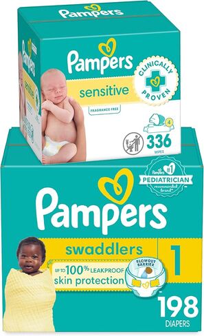 Diapers Size 5, 132 Count and Baby Wipes - Pampers Swaddlers Disposable Baby Diapers and Water Baby Wipes Sensitive Pop-Top Packs, 336 Count (Packaging May Vary) in Saudi Arabia