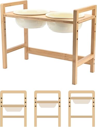 SPUNKYJUNKY Ceramic Adjustable Raised Dog Bowls 3 Heights Elevated Dog Bowls with Wooden Stand for Medium Large Dogs Adjust to 9.1'', 10.6'', 12.4'' in Saudi Arabia