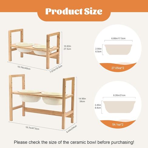 SPUNKYJUNKY Ceramic Adjustable Raised Dog Bowls 3 Heights Elevated Dog Bowls with Wooden Stand for Medium Large Dogs Adjust to 9.1'', 10.6'', 12.4'' in Saudi Arabia