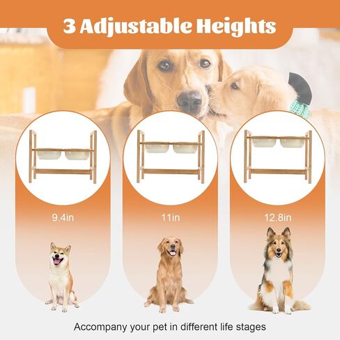SPUNKYJUNKY Ceramic Adjustable Raised Dog Bowls 3 Heights Elevated Dog Bowls with Wooden Stand for Medium Large Dogs Adjust to 9.1'', 10.6'', 12.4'' in Saudi Arabia