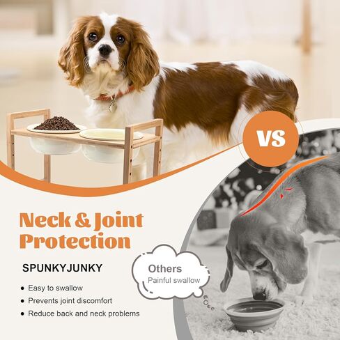 SPUNKYJUNKY Ceramic Adjustable Raised Dog Bowls 3 Heights Elevated Dog Bowls with Wooden Stand for Medium Large Dogs Adjust to 9.1'', 10.6'', 12.4'' in Saudi Arabia