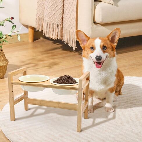 SPUNKYJUNKY Ceramic Adjustable Raised Dog Bowls 3 Heights Elevated Dog Bowls with Wooden Stand for Medium Large Dogs Adjust to 9.1'', 10.6'', 12.4'' in Saudi Arabia
