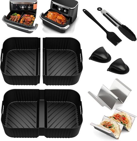 HOMELYLIFE Air Fryer Silicone Liners Accessories 9 Pcs for Ninja DZ071 7-QT DualZone Megazone Air Fryer, Include 3 Pcs Silicone Liners,Taco Holders,Oil Brush,Silicone Loves,Kitchen Tongs in Saudi Arabia
