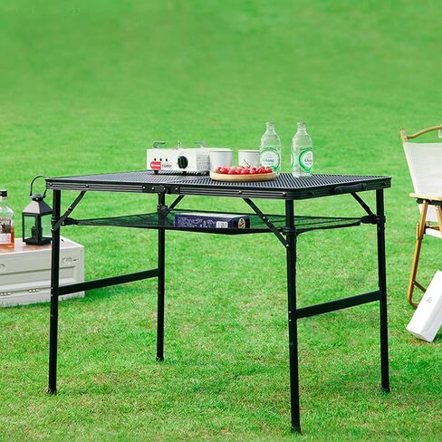 Folding Grill Table, 3x2 FT Height Adjustable Portable Camping Table with Mesh Desktop and Mesh Bag, Metal Table for Outdoor Camping, Picnic, Beach and BBQ in Saudi Arabia