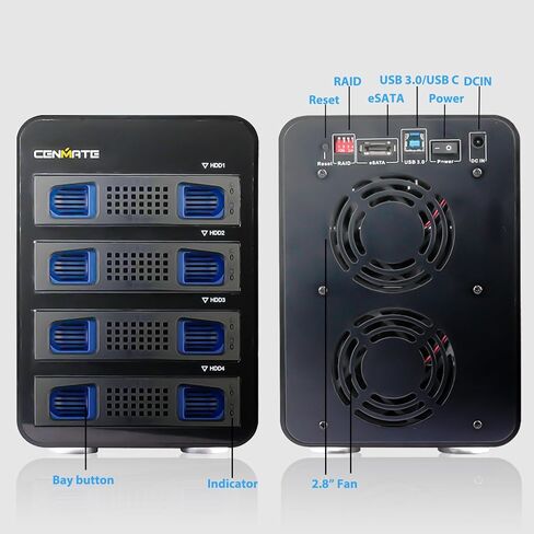 حاوية RAID لمحرك الأقراص الصلبة ذات 4 فتحات مع مروحتي تبريد لمحرك أقراص SATA HDD/SSD مقاس 2.5/3.5 بوصة مع كابل USB A/C 3.0+eSATA، وقارئ محرك أقراص ثابتة 3.5 يدعم سعة 72 تيرابايت، و8 أوضاع RAID، وDAS(NO NAS) in Kuwait