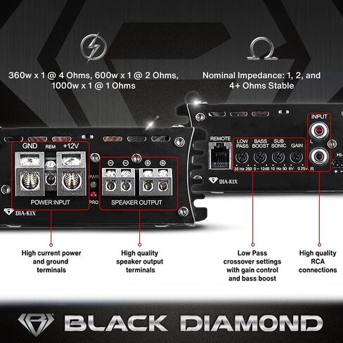 Black Diamond Dia-K1 Car Audio Amplifier – 1 Channel, Monoblock, Class D, 1800 Watts, Remote BASS Knob Included (Renewed) in Saudi Arabia