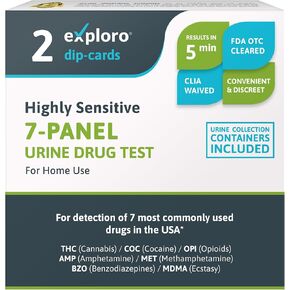 Exploro at Home Drug Test Kit for All Drugs (Most Used). 7-Panel Urine Drug Test. Marijuana (THC), Cocaine, Opiates, Amphetamine, Methamphetamine, Benzos (BZO), Ecstasy (MDMA). 5 Dip-Cards with Cups.