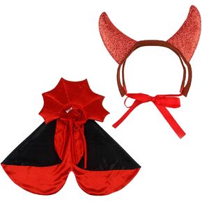 Halloween Dog Cat Costume Vampire Cloak with Devil Horns | Adjustable Red Black Pet Cape Costume Clothes | Halloween Pet Accessories Costume Outfit for Small Medium Dogs Cats