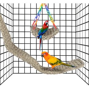 2 Pcs Bird Seagrass Mats, 39×7.3in Natural Seagrass Woven Net and 7.5×7.5" Square Net, Bird Hammock Mats with Hooks, Climbing Rope Ladders, Cage Chew Toys for Cockatiel, Hamster