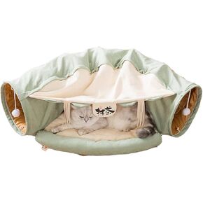 2 in 1 Cat Tunnel Bed Tube with Cushion and Plush Ball Toy Playground Crinkle Collapsible for Large Cats Kittens Kitty Puppy Small Dog Foldable Soft Pet Play Bed Indoor Outdoor - Green Cat Tunnel Bed