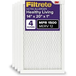 Filtrete 14x20x1 Air Filter, MPR 1500, MERV 12, Healthy Living Ultra-Allergen 3-Month Pleated 1-Inch Air Filters, 4 Filters