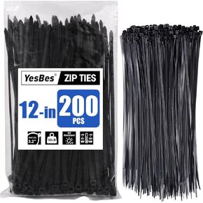 200 PCS Zip Ties 12 Inch, Cable Ties 50lbs Tensile Strength, Black Zip Ties for Indoor and Outdoor Use, UV Resistant Wire Ties