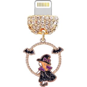 ELISE & FONDA CP503 USB Charging Port Crystal Anti Dust Plug Halloween Witch and Bat Phone Charm for iPhone 13/12/11/ XS MAX/XR/X/8 Plus/7/6S/8/SE iPad iPod (Black)