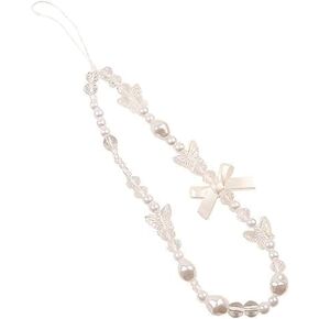 White Mobile Phone Lanyard Universal Phone Chain Black Bow White Pearl Beaded Phone Lanyard Wrist Strap Anti Lost Phone Charm Strap Fashion Phone Case Keychain Cell Phone Charms